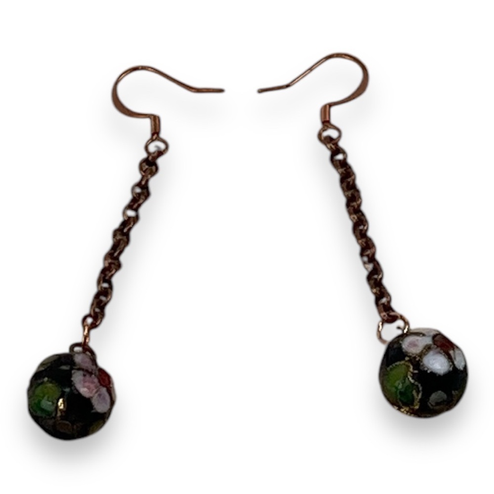 VTG Cloisonne Floral Bead Copper Chain  Jewelry Retro Earrings - Picture 5 of 13
